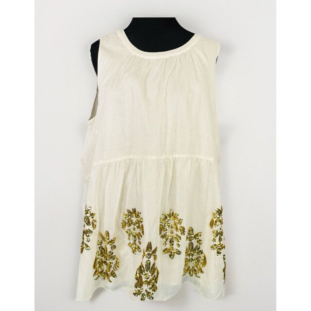 Anthropologie Maeve Ivory Sleeveless Top Gold Sequin Accents Size Large NWT